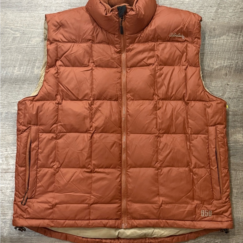 Cabela's Mens 650 Goose Down Puffer Vest Rust Outdoors Sleeveless Jacket Large